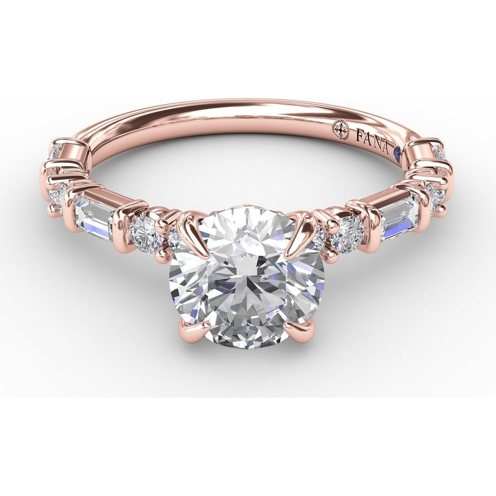 Contemporary Solitaire Engagement Ring Setting with Alternating Baguette and Round Diamond Accents and Chevron Hidden Halo by Fana - 0.51 Carat Total Diamond Weight