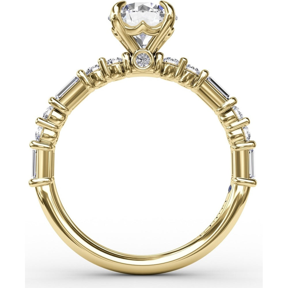 Contemporary Solitaire Engagement Ring Setting with Alternating Baguette and Round Diamond Accents and Chevron Hidden Halo by Fana - 0.51 Carat Total Diamond Weight