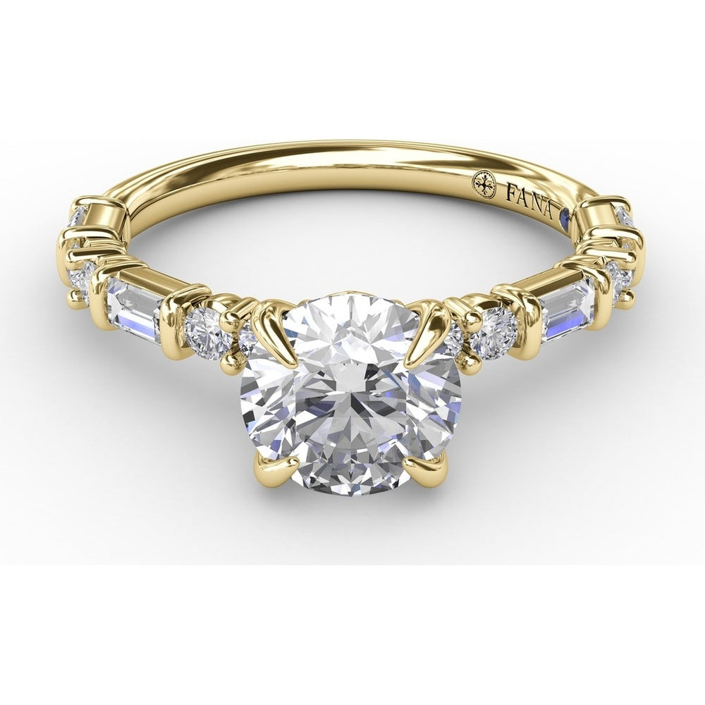 Contemporary Solitaire Engagement Ring Setting with Alternating Baguette and Round Diamond Accents and Chevron Hidden Halo by Fana - 0.51 Carat Total Diamond Weight