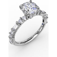 Contemporary Solitaire Engagement Ring Setting with Alternating Baguette and Round Diamond Accents and Chevron Hidden Halo by Fana - 0.51 Carat Total Diamond Weight