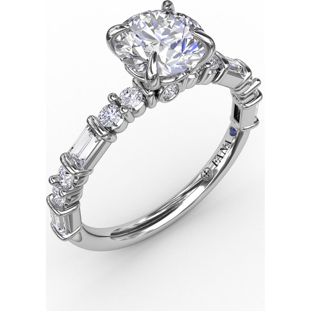 Contemporary Solitaire Engagement Ring Setting with Alternating Baguette and Round Diamond Accents and Chevron Hidden Halo by Fana - 0.51 Carat Total Diamond Weight