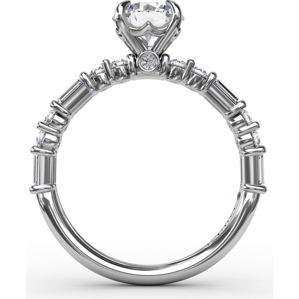 Contemporary Solitaire Engagement Ring Setting with Alternating Baguette and Round Diamond Accents and Chevron Hidden Halo by Fana - 0.51 Carat Total Diamond Weight