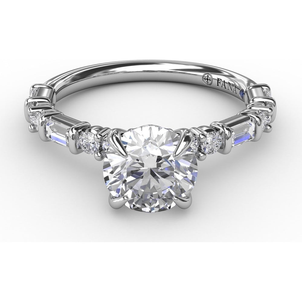 Contemporary Solitaire Engagement Ring Setting with Alternating Baguette and Round Diamond Accents and Chevron Hidden Halo by Fana - 0.51 Carat Total Diamond Weight