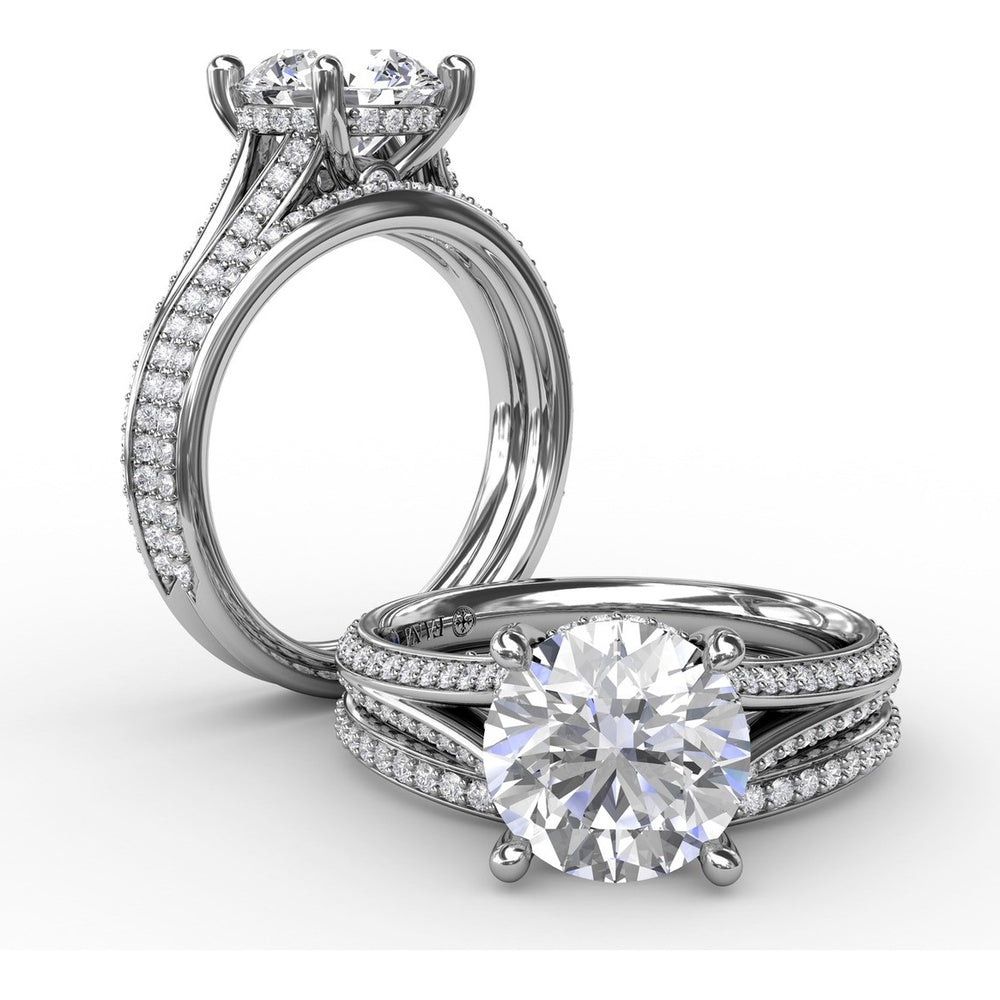 Contemporary Split Shank Solitaire Engagement Ring Setting with Hidden Pavé Halo and Pavé Diamond Band by Fana - 0.48 Carat Total Diamond Weight