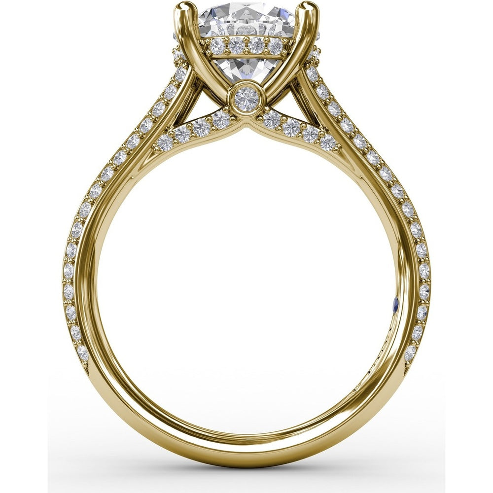 Contemporary Split Shank Solitaire Engagement Ring Setting with Hidden Pavé Halo and Pavé Diamond Band by Fana - 0.48 Carat Total Diamond Weight