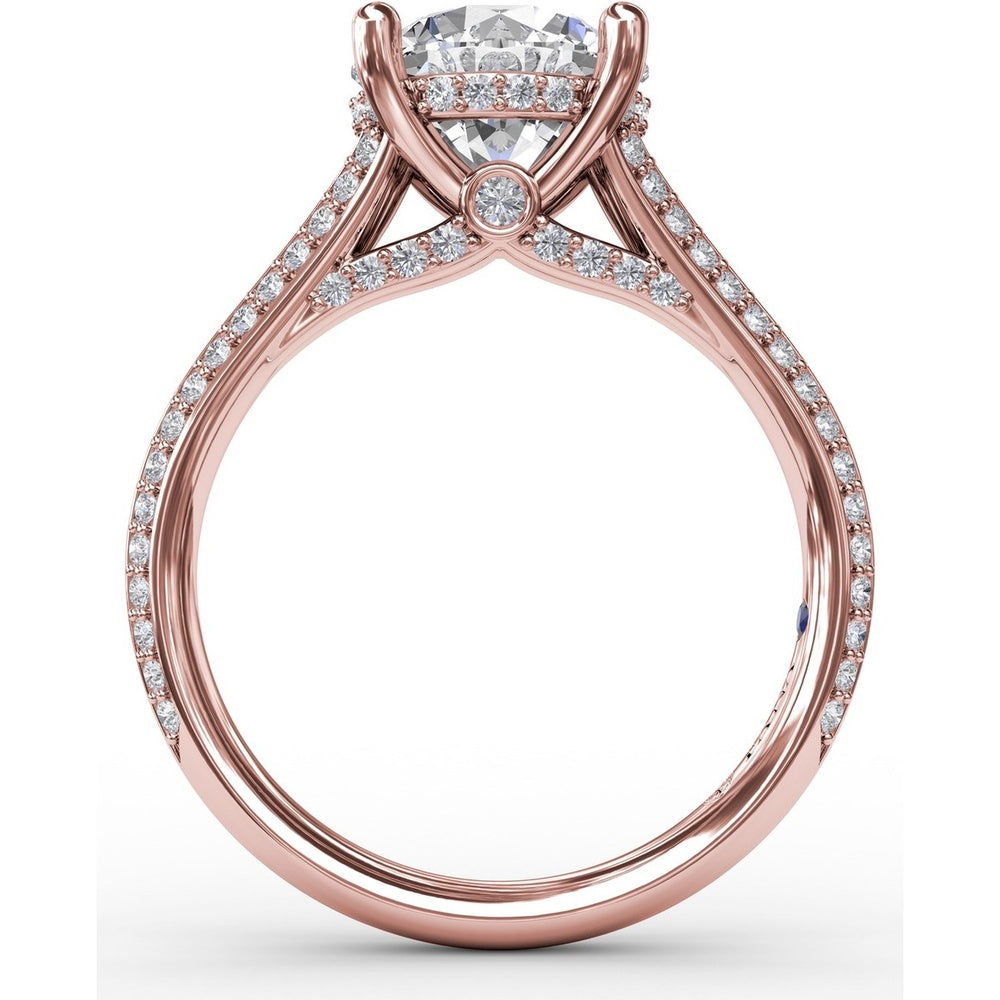 Contemporary Split Shank Solitaire Engagement Ring Setting with Hidden Pavé Halo and Pavé Diamond Band by Fana - 0.48 Carat Total Diamond Weight