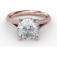 Contemporary Split Shank Solitaire Engagement Ring Setting with Hidden Pavé Halo and Pavé Diamond Band by Fana - 0.48 Carat Total Diamond Weight