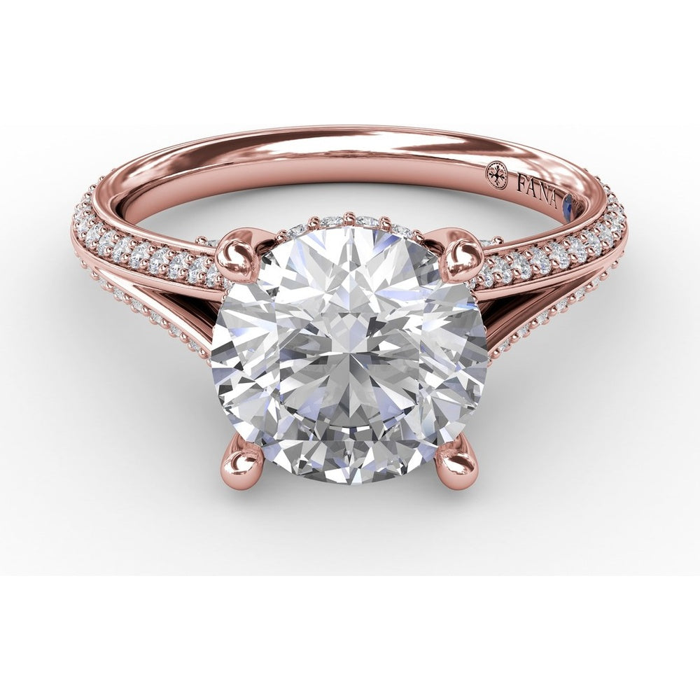 Contemporary Split Shank Solitaire Engagement Ring Setting with Hidden Pavé Halo and Pavé Diamond Band by Fana - 0.48 Carat Total Diamond Weight