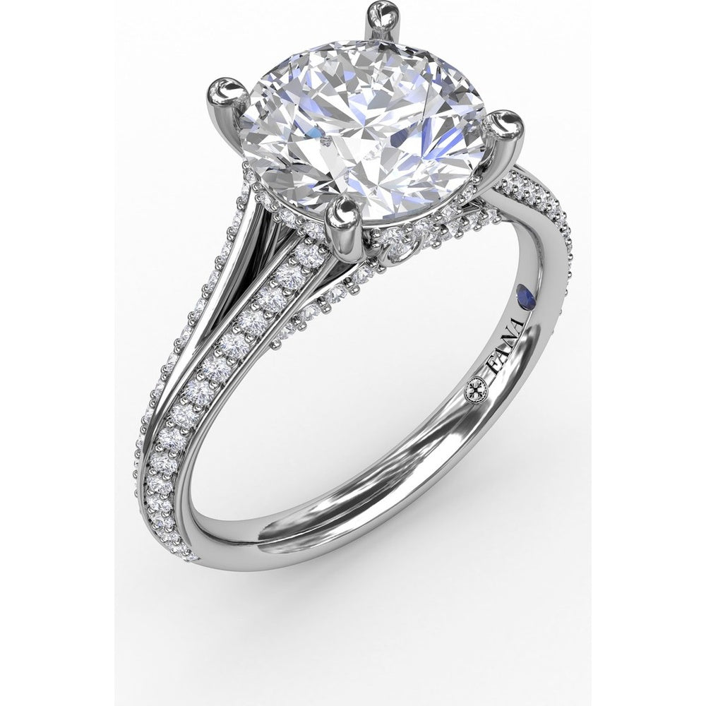 Contemporary Split Shank Solitaire Engagement Ring Setting with Hidden Pavé Halo and Pavé Diamond Band by Fana - 0.48 Carat Total Diamond Weight