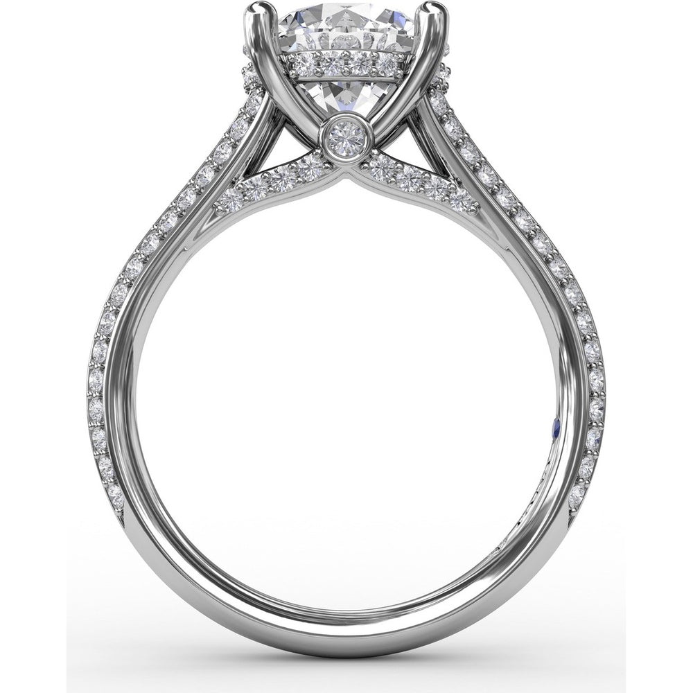 Contemporary Split Shank Solitaire Engagement Ring Setting with Hidden Pavé Halo and Pavé Diamond Band by Fana - 0.48 Carat Total Diamond Weight
