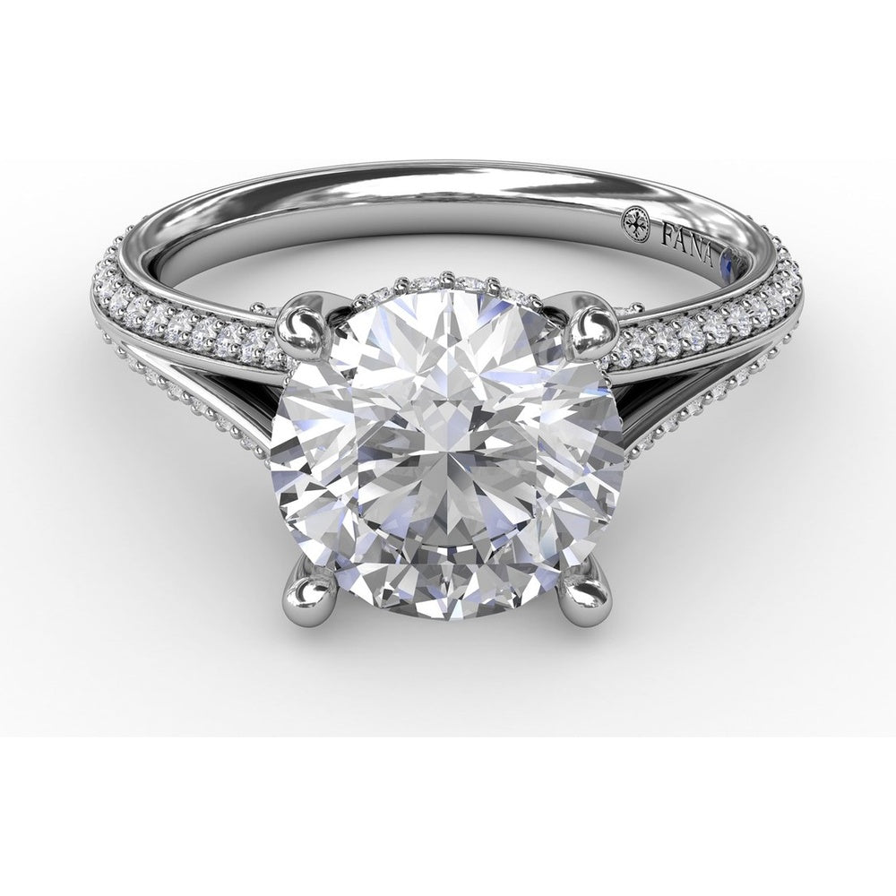 Contemporary Split Shank Solitaire Engagement Ring Setting with Hidden Pavé Halo and Pavé Diamond Band by Fana - 0.48 Carat Total Diamond Weight