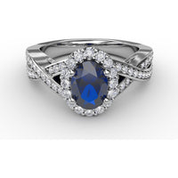 Criss-Cross Ring with Oval Sapphire and Pavé Diamond Halo by Fana - 1.69 Carat Total Gemstone Weight
