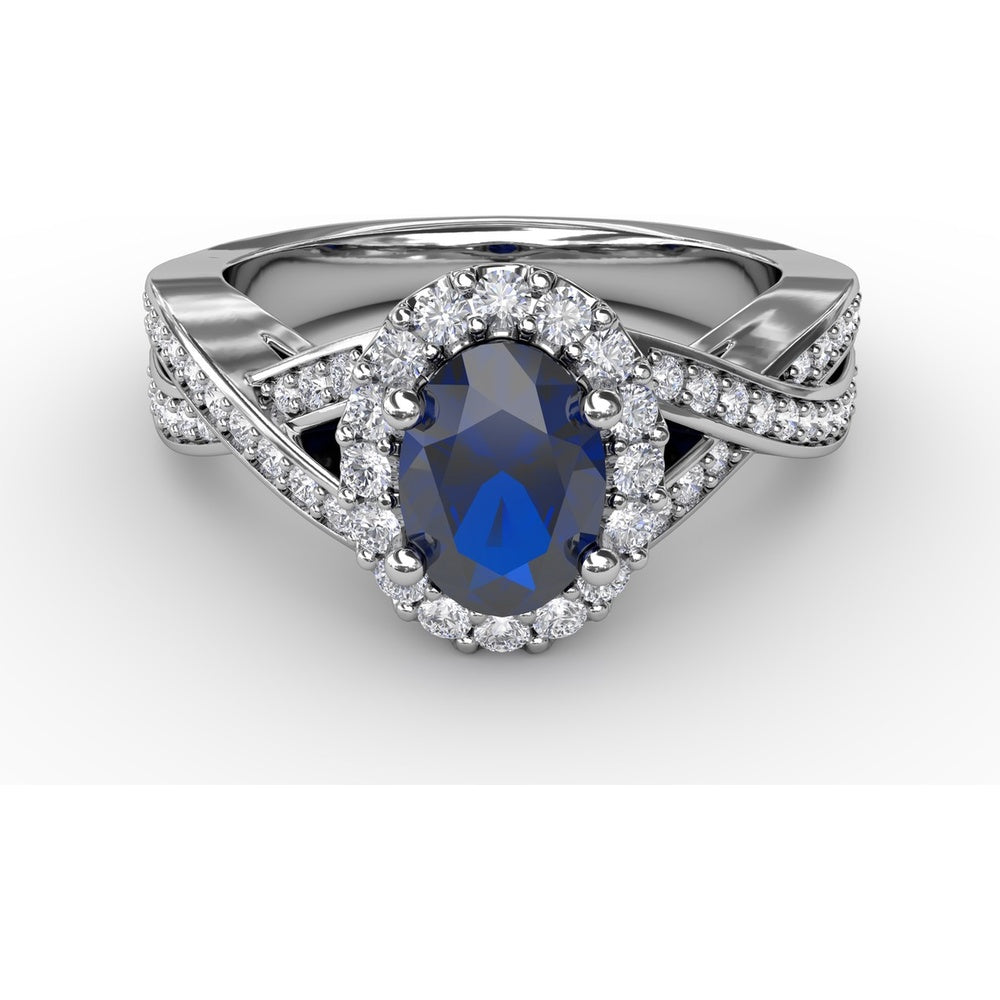 Criss-Cross Ring with Oval Sapphire and Pavé Diamond Halo by Fana - 1.69 Carat Total Gemstone Weight