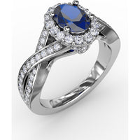 Criss-Cross Ring with Oval Sapphire and Pavé Diamond Halo by Fana - 1.69 Carat Total Gemstone Weight