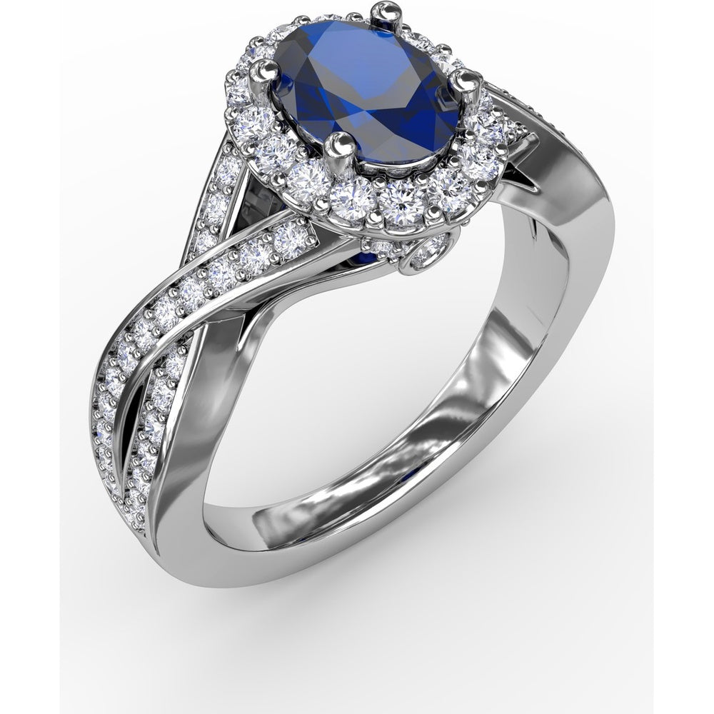 Criss-Cross Ring with Oval Sapphire and Pavé Diamond Halo by Fana - 1.69 Carat Total Gemstone Weight