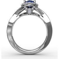 Criss-Cross Ring with Oval Sapphire and Pavé Diamond Halo by Fana - 1.69 Carat Total Gemstone Weight