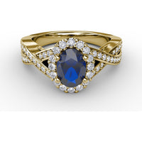 Criss-Cross Ring with Oval Sapphire and Pavé Diamond Halo by Fana - 1.69 Carat Total Gemstone Weight