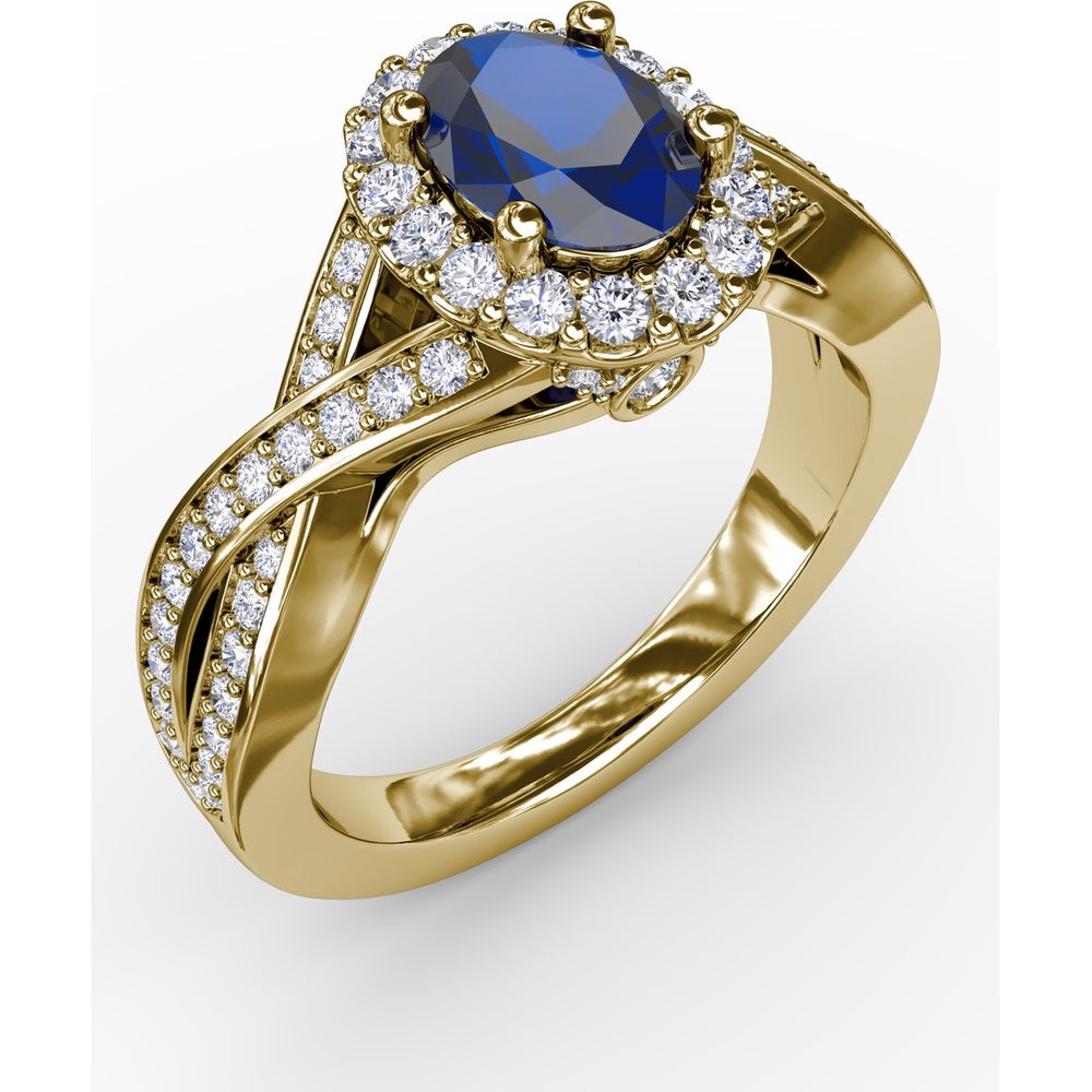 Criss-Cross Ring with Oval Sapphire and Pavé Diamond Halo by Fana - 1.69 Carat Total Gemstone Weight