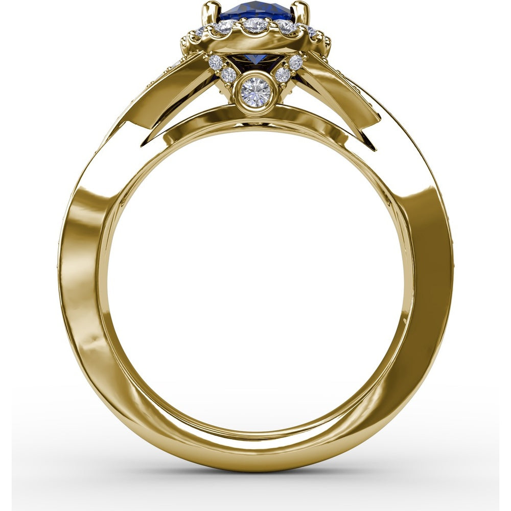 Criss-Cross Ring with Oval Sapphire and Pavé Diamond Halo by Fana - 1.69 Carat Total Gemstone Weight
