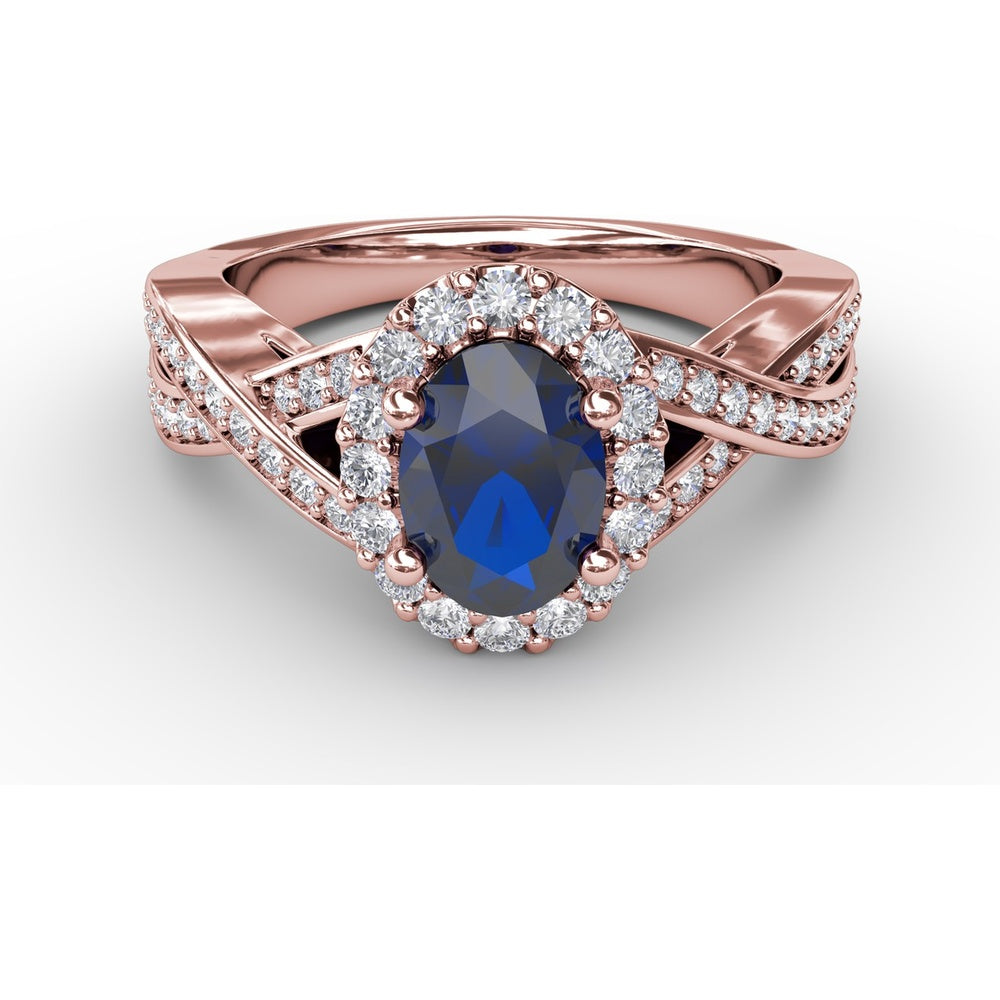 Criss-Cross Ring with Oval Sapphire and Pavé Diamond Halo by Fana - 1.69 Carat Total Gemstone Weight