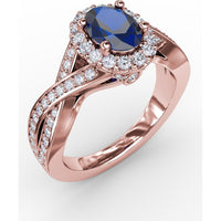 Criss-Cross Ring with Oval Sapphire and Pavé Diamond Halo by Fana - 1.69 Carat Total Gemstone Weight
