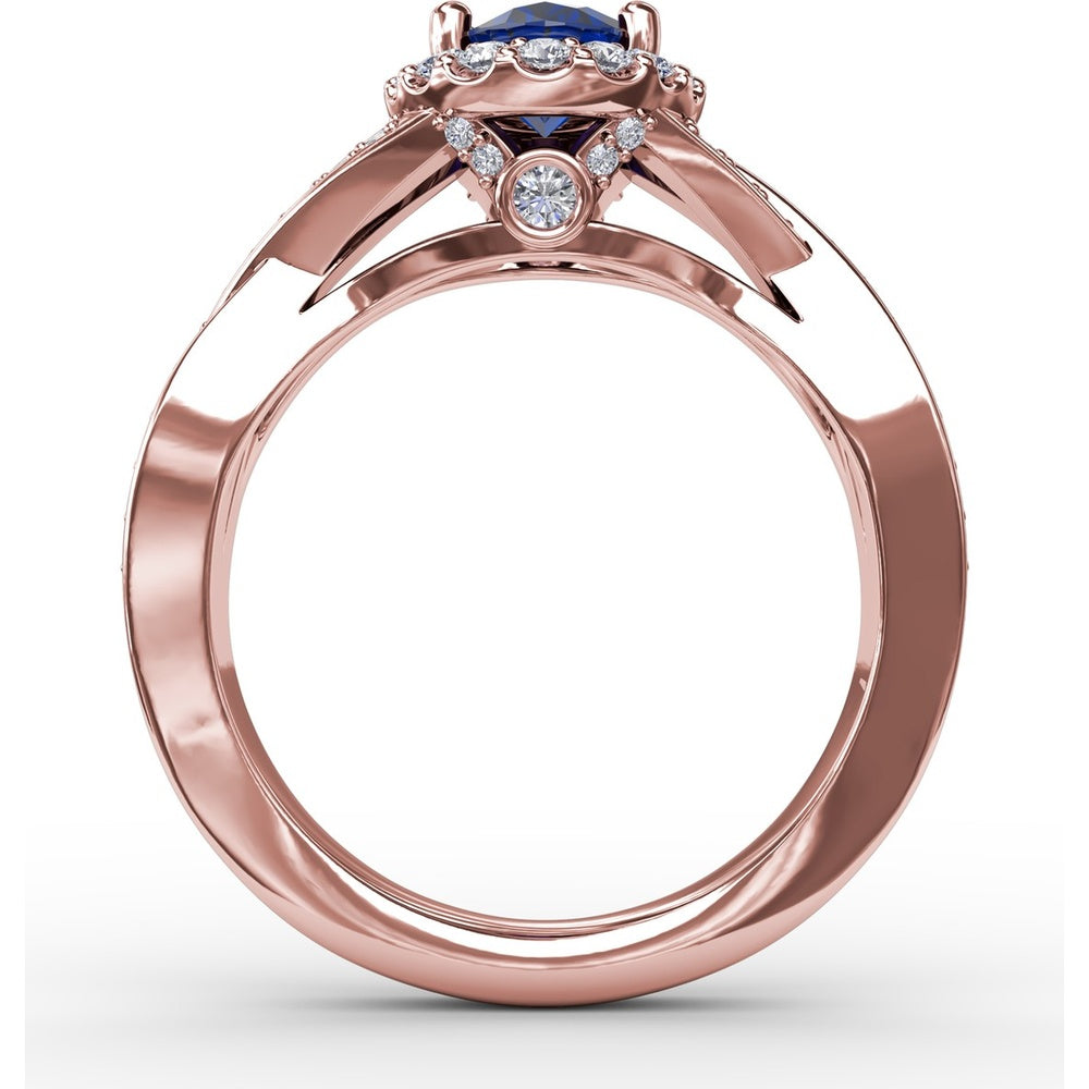 Criss-Cross Ring with Oval Sapphire and Pavé Diamond Halo by Fana - 1.69 Carat Total Gemstone Weight