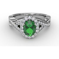 Criss-Cross Split Shank Ring with Oval Emerald and Diamond Halo by Fana - 1.36 Carat Total Gemstone Weight