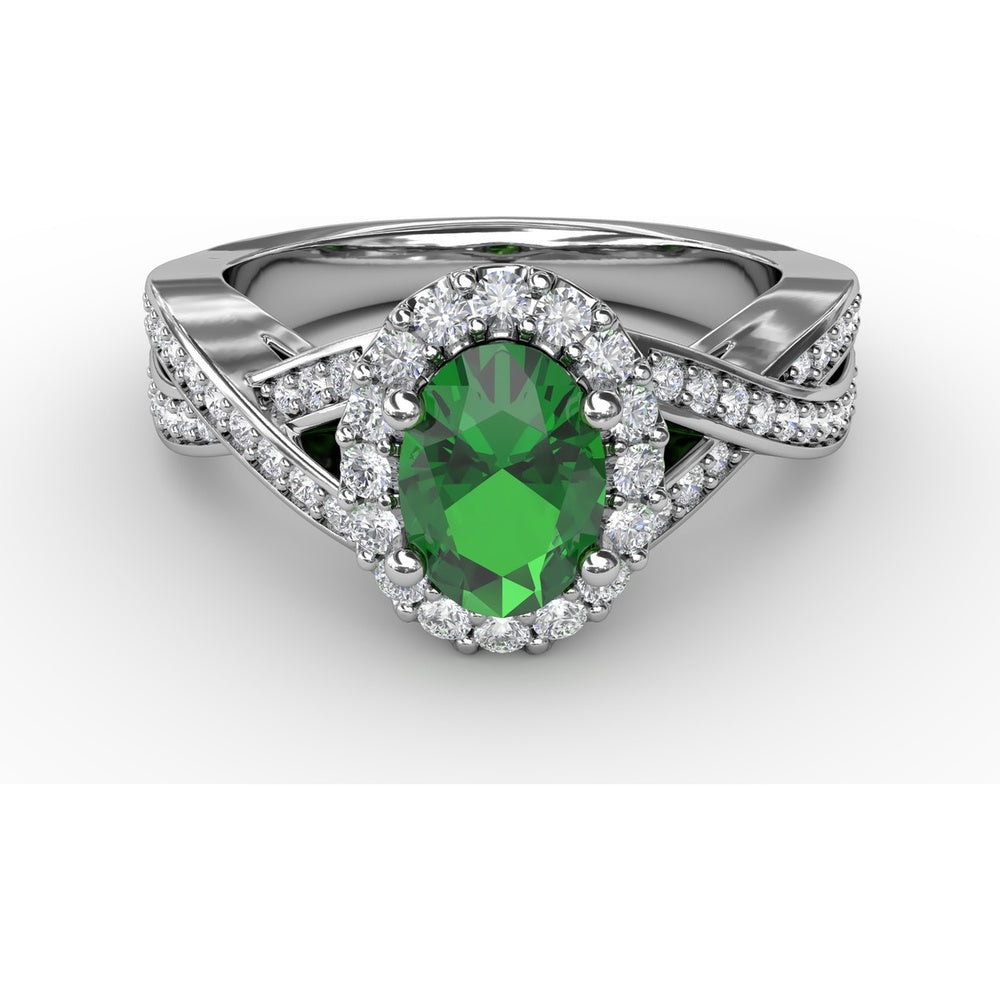 Criss-Cross Split Shank Ring with Oval Emerald and Diamond Halo by Fana - 1.36 Carat Total Gemstone Weight