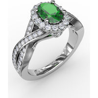 Criss-Cross Split Shank Ring with Oval Emerald and Diamond Halo by Fana - 1.36 Carat Total Gemstone Weight