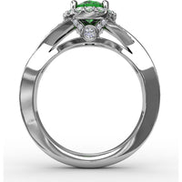 Criss-Cross Split Shank Ring with Oval Emerald and Diamond Halo by Fana - 1.36 Carat Total Gemstone Weight