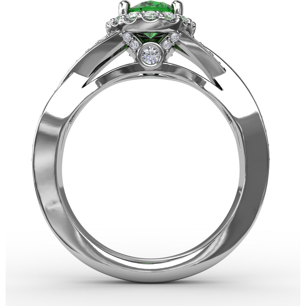 Criss-Cross Split Shank Ring with Oval Emerald and Diamond Halo by Fana - 1.36 Carat Total Gemstone Weight