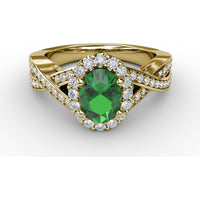 Criss-Cross Split Shank Ring with Oval Emerald and Diamond Halo by Fana - 1.36 Carat Total Gemstone Weight