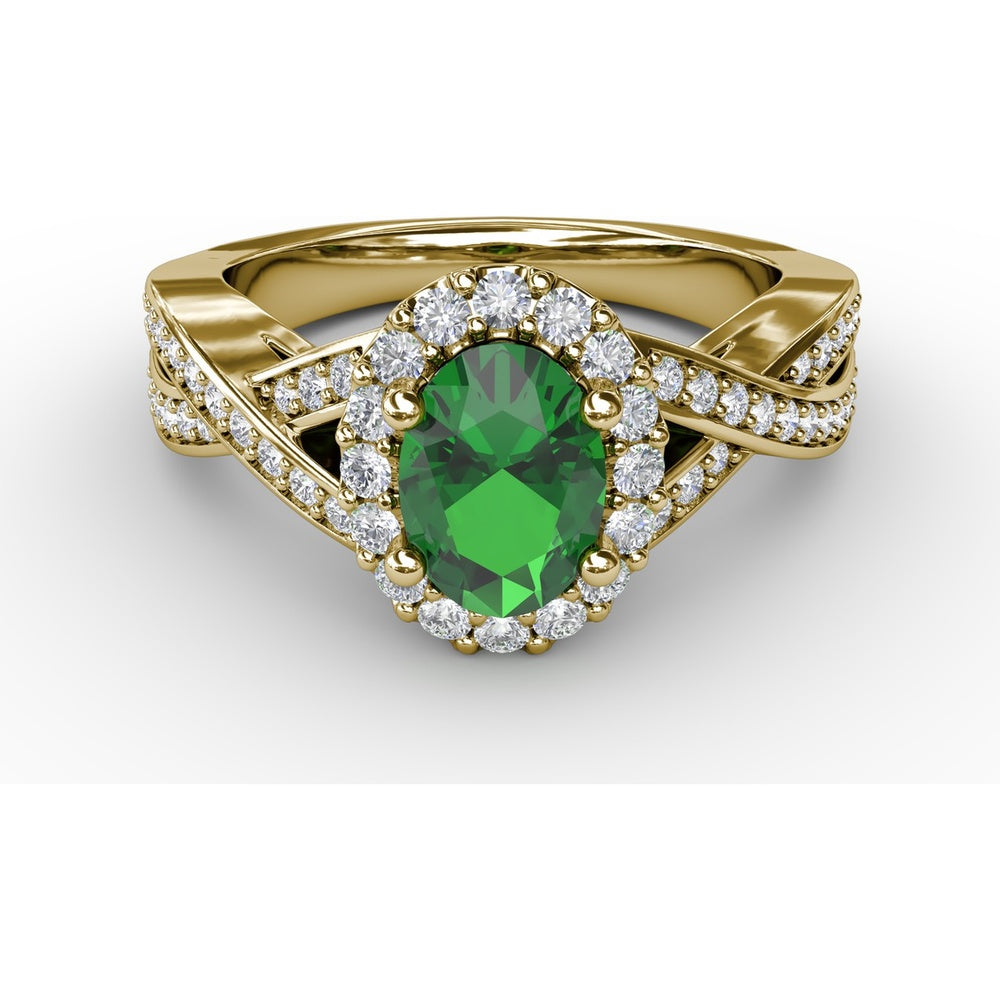 Criss-Cross Split Shank Ring with Oval Emerald and Diamond Halo by Fana - 1.36 Carat Total Gemstone Weight