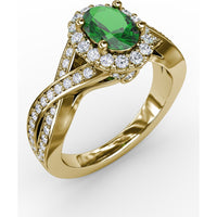 Criss-Cross Split Shank Ring with Oval Emerald and Diamond Halo by Fana - 1.36 Carat Total Gemstone Weight