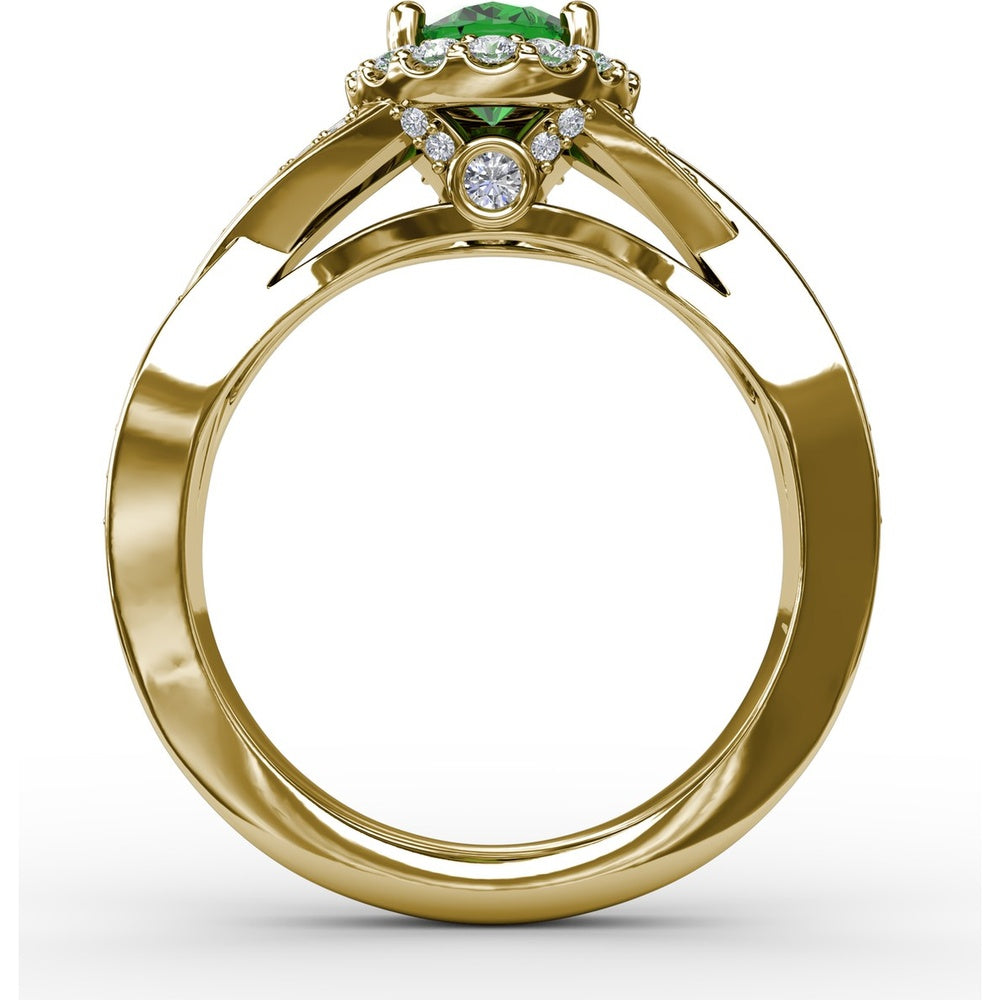 Criss-Cross Split Shank Ring with Oval Emerald and Diamond Halo by Fana - 1.36 Carat Total Gemstone Weight