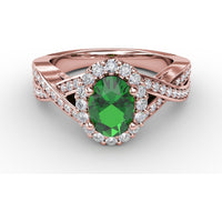 Criss-Cross Split Shank Ring with Oval Emerald and Diamond Halo by Fana - 1.36 Carat Total Gemstone Weight