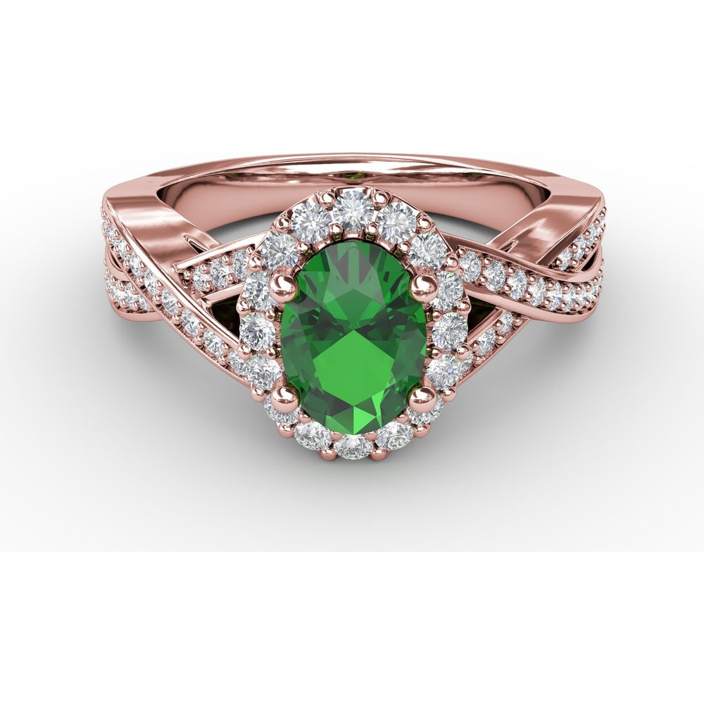 Criss-Cross Split Shank Ring with Oval Emerald and Diamond Halo by Fana - 1.36 Carat Total Gemstone Weight
