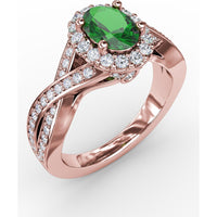 Criss-Cross Split Shank Ring with Oval Emerald and Diamond Halo by Fana - 1.36 Carat Total Gemstone Weight