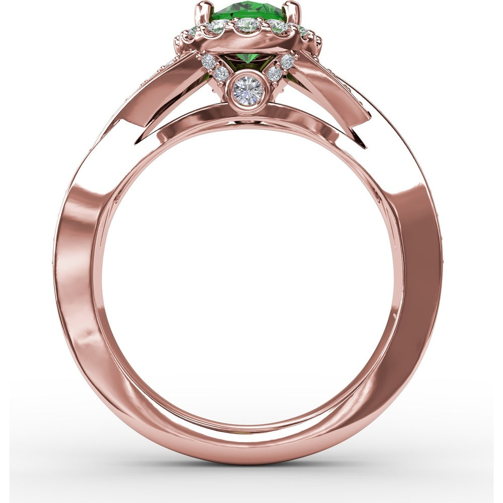 Criss-Cross Split Shank Ring with Oval Emerald and Diamond Halo by Fana - 1.36 Carat Total Gemstone Weight
