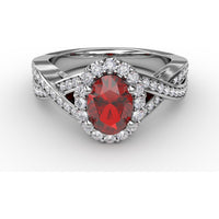 Criss-Cross Split Shank Ring with Oval Ruby and Pavé Diamond Halo by Fana - 1.56 Carat Total Gemstone Weight