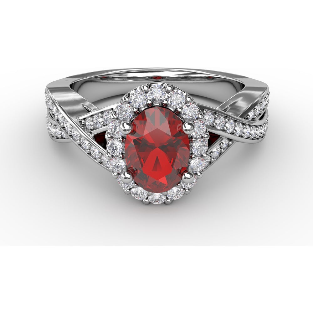 Criss-Cross Split Shank Ring with Oval Ruby and Pavé Diamond Halo by Fana - 1.56 Carat Total Gemstone Weight