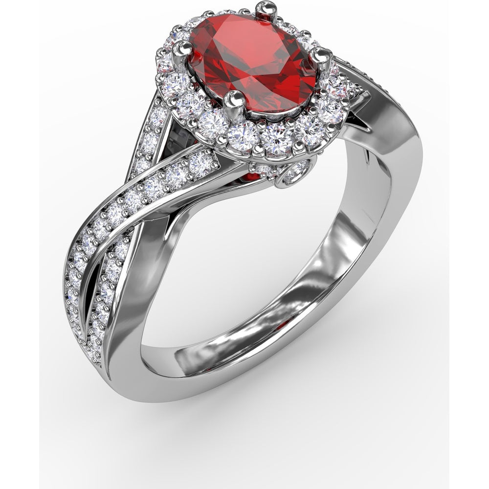 Criss-Cross Split Shank Ring with Oval Ruby and Pavé Diamond Halo by Fana - 1.56 Carat Total Gemstone Weight