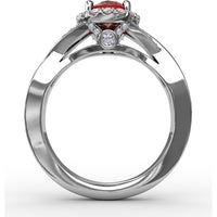 Criss-Cross Split Shank Ring with Oval Ruby and Pavé Diamond Halo by Fana - 1.56 Carat Total Gemstone Weight