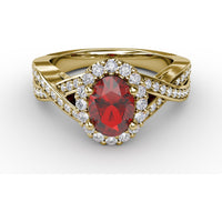 Criss-Cross Split Shank Ring with Oval Ruby and Pavé Diamond Halo by Fana - 1.56 Carat Total Gemstone Weight