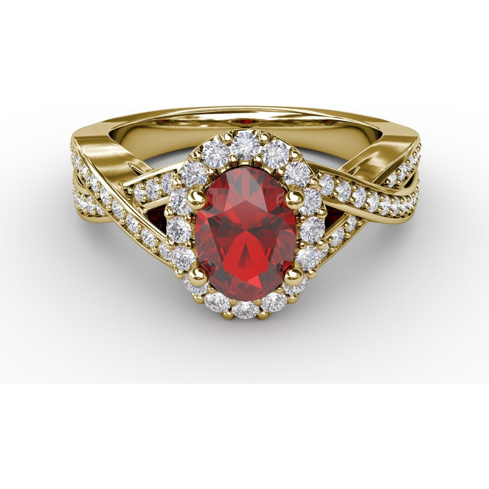 Criss-Cross Split Shank Ring with Oval Ruby and Pavé Diamond Halo by Fana - 1.56 Carat Total Gemstone Weight