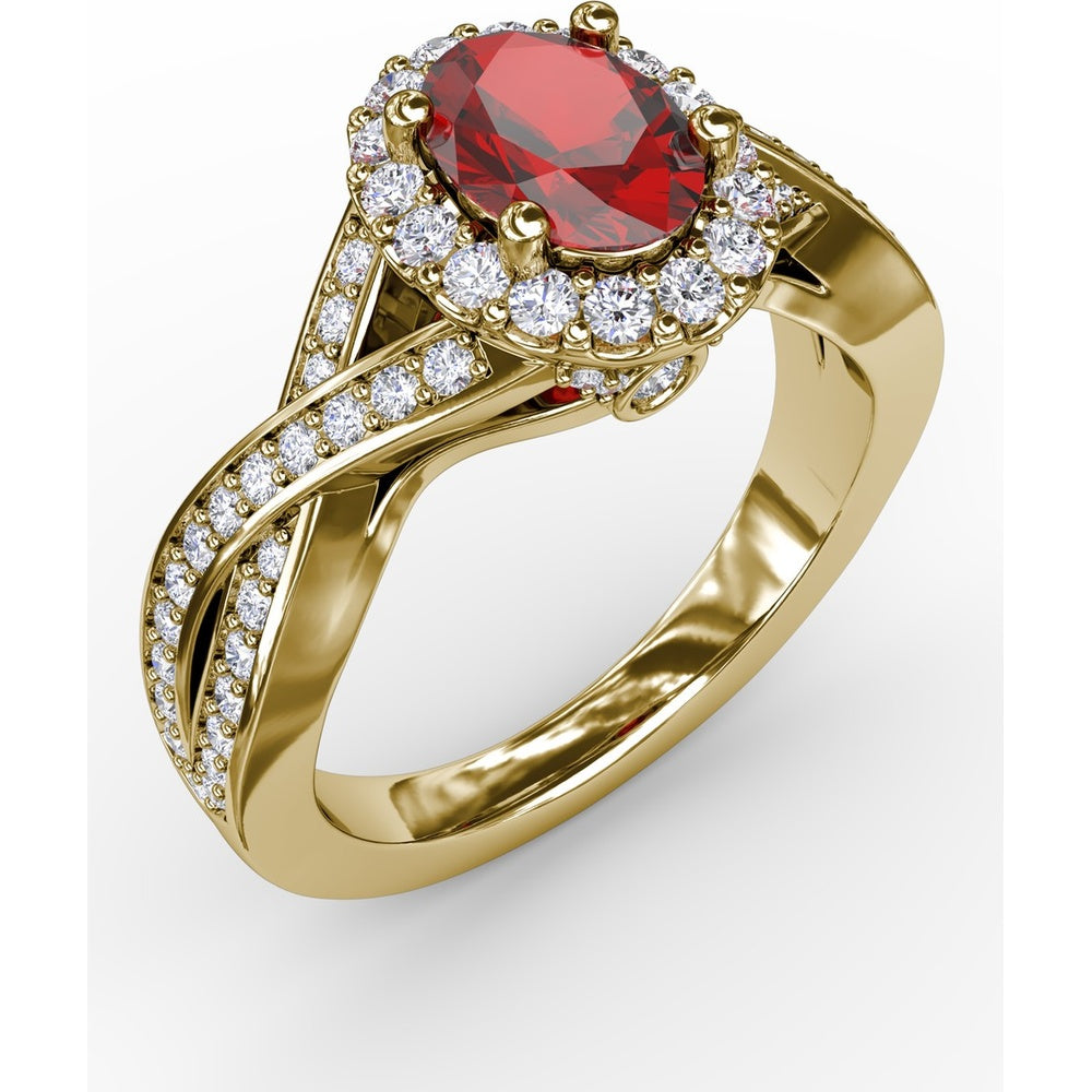 Criss-Cross Split Shank Ring with Oval Ruby and Pavé Diamond Halo by Fana - 1.56 Carat Total Gemstone Weight
