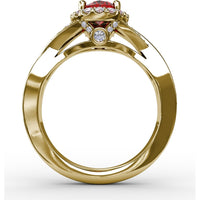 Criss-Cross Split Shank Ring with Oval Ruby and Pavé Diamond Halo by Fana - 1.56 Carat Total Gemstone Weight