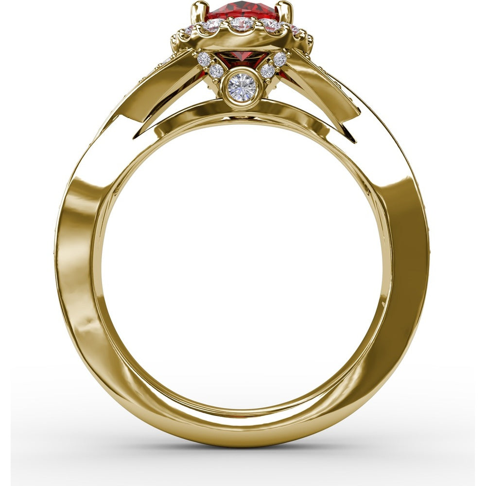 Criss-Cross Split Shank Ring with Oval Ruby and Pavé Diamond Halo by Fana - 1.56 Carat Total Gemstone Weight