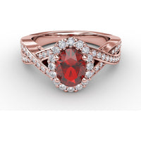 Criss-Cross Split Shank Ring with Oval Ruby and Pavé Diamond Halo by Fana - 1.56 Carat Total Gemstone Weight