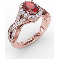 Criss-Cross Split Shank Ring with Oval Ruby and Pavé Diamond Halo by Fana - 1.56 Carat Total Gemstone Weight